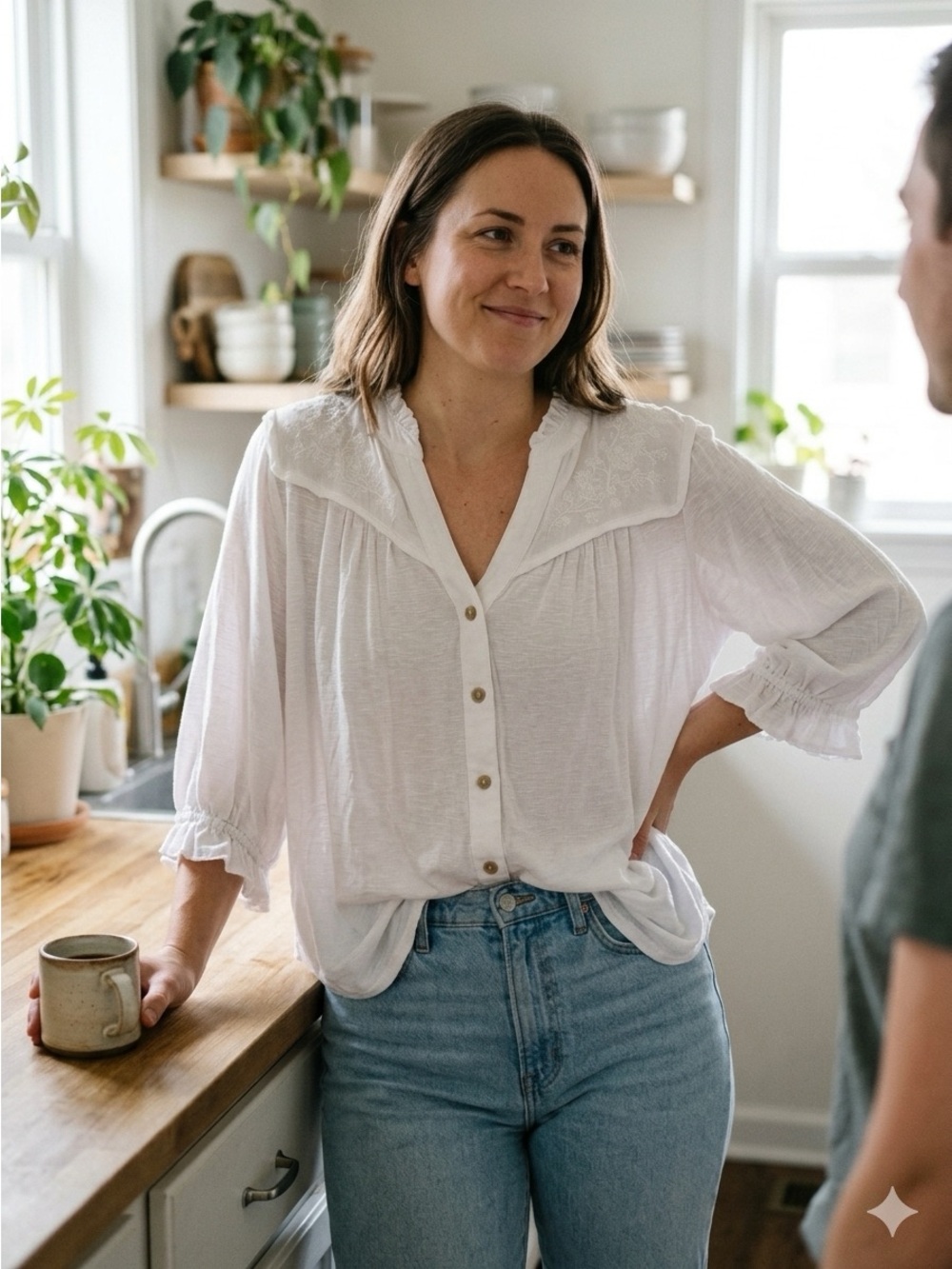 Democracy White Button-Front Blouse with Lace Yoke
